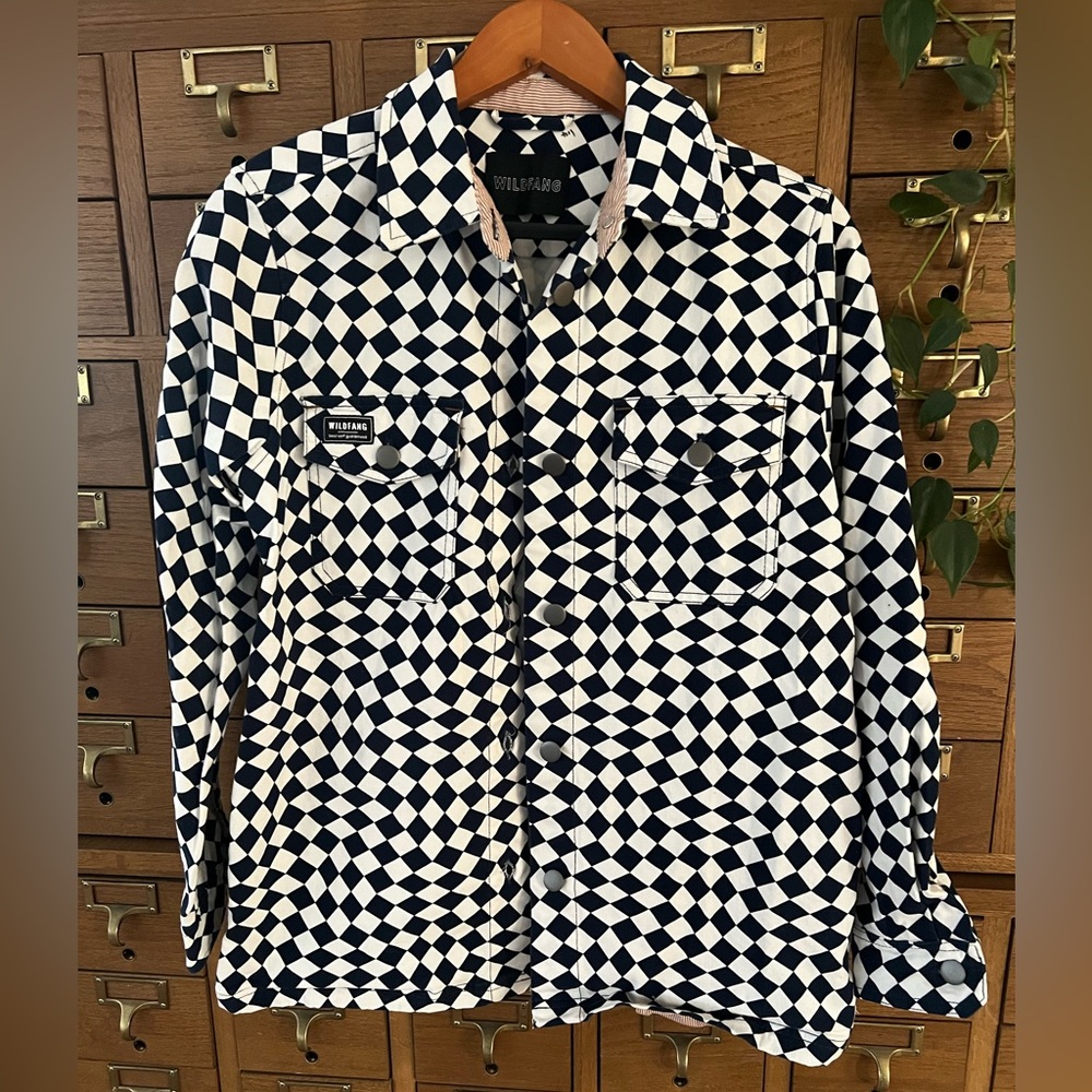 Wildfang Navy and White Checkered Shirt Jacket Size Small